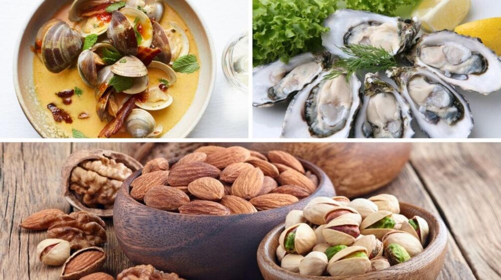 تساعد المأكولات البحرية والجوز على زيادة هرمون التستوستيرون في جسم الرجل. 